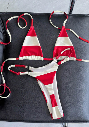 Women Sexy Color Block Halter Neck Tie-Up Beach Two Pieces Swimwear