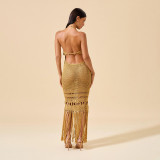 Women Solid Sexy Knitting Hollow-Out Beach Cover-Up Bikini Beach Dress