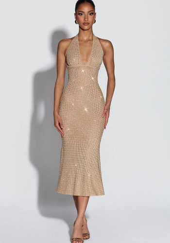 Women Sexy V-Neck Halter Neck Lace-Up Beaded Mesh Maxi Dresses