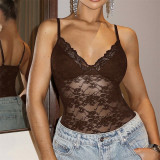 Women Summer Sexy Backless Strapless Lace Sleeveless Solid Bodysuit