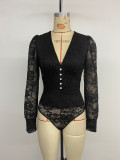 Women Spring Sexy Elegant V-Necklace Long-Sleeve Bodysuit