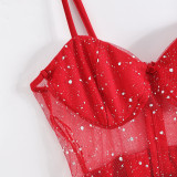 Women sequined see-through mesh patchwork dress