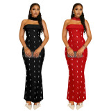 Women Elegant Strapless Beaded Ribbon Dress Two-Piece Set
