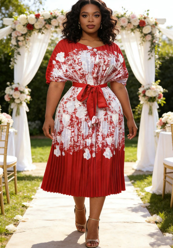 Plus Size African Women Pleated Short-Sleeve Elegant Maxi Dress