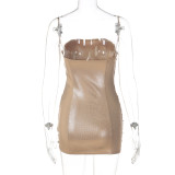 Women Shiny Sexy Strapless Ruffled Bodycon Dress