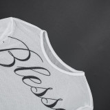 Women Round Neck Long-Sleeved Letter Print T-Shirt Blessed Shorts Two-Piece Set