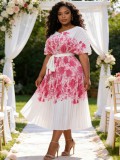 Plus Size African Women Pleated Short-Sleeve Elegant Maxi Dress