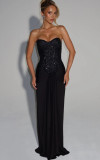 Women Sexy Lace-Up Sequined Beaded Strapless Herringbone Bodycon Dress