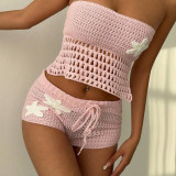 Women Solid Sexy Knitting Beach Dress Bikini Cover-Up Swimwear Two-Piece Set