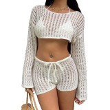 Women Solid Sexy Knitting Hollow-Out Beach Bikini Cover-Up Swimwear Two-Piece Set
