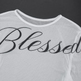 Women Round Neck Long-Sleeved Letter Print T-Shirt Blessed Shorts Two-Piece Set
