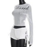 Women Round Neck Long-Sleeved Letter Print T-Shirt Blessed Shorts Two-Piece Set