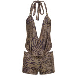 Women V-Neck Leopard Print Tie-Up Halter Neck Top and Shorts Two-Piece Set