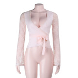 Women Sexy Summer See-Through Lace Long-Sleeve Top