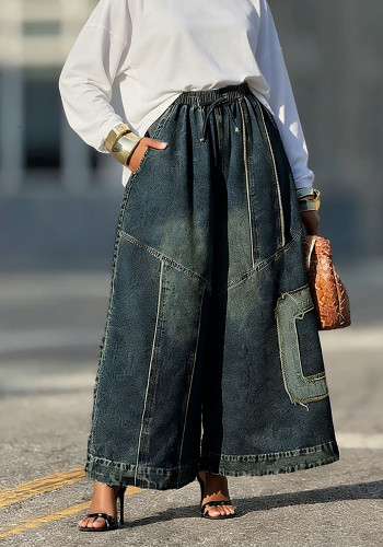 Patchwork Applique Wide-Leg Elastic Waist Denim Pants