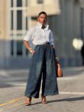 Elastic Waist Denim Pants with Panel Stitching and Slant Pockets