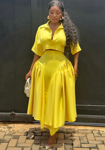 Chic Party Two-Piece Set Turndown Collar Crop Shirt with Irregular Pleated Maxi Skirt