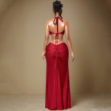 Spring Women’s Solid Color Halter Neck Sleeveless Low-Back Ribbon Maxi Dress