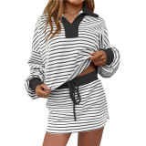 Summer Trendy Stripes Turndown Collar V-Neck Casual Two-Piece Skirt Set