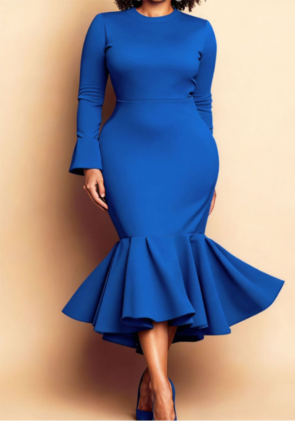 Spring/Autumn Plus Size Women’s Chic Elegant Round Neck Long Sleeve Bell-Bottom Mermaid Dress