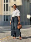 Elastic Waist Denim Pants with Panel Stitching and Slant Pockets
