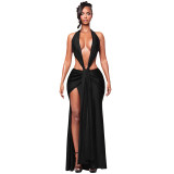 Spring Women’s Solid Color Halter Neck Sleeveless Low-Back Ribbon Maxi Dress