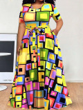 Plus Size Printed Round Neck Short Sleeve Slim-Waist Loose Maxi Dress