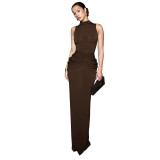 Spring Women’s Solid Color Casual Elegant Round Neck Sleeveless Ruched Maxi Dress