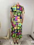 Plus Size Printed Round Neck Short Sleeve Slim-Waist Loose Maxi Dress