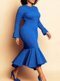 Spring/Autumn Plus Size Women’s Chic Elegant Round Neck Long Sleeve Bell-Bottom Mermaid Dress