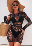 Sexy Lingerie Long Sleeve Fishnet Hollow-Out Bodycon Mini Dress