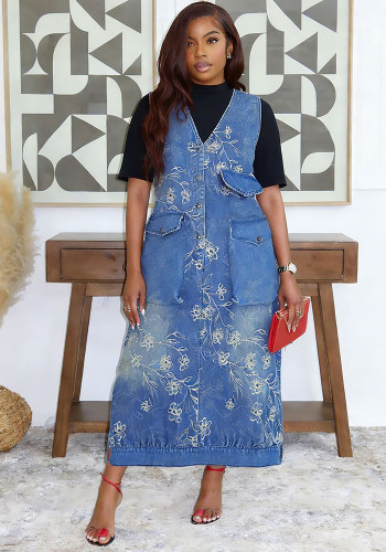 Embroidered Jacquard Denim Dress with Side Pockets