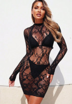 Sexy Lingerie Long Sleeve Jacquard Fishnet Hollow-Out Bodycon Night Dress