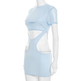 Spring Women’s Solid Color Sexy Mesh Short Sleeve Top & Cut-Out Mini Dress Set