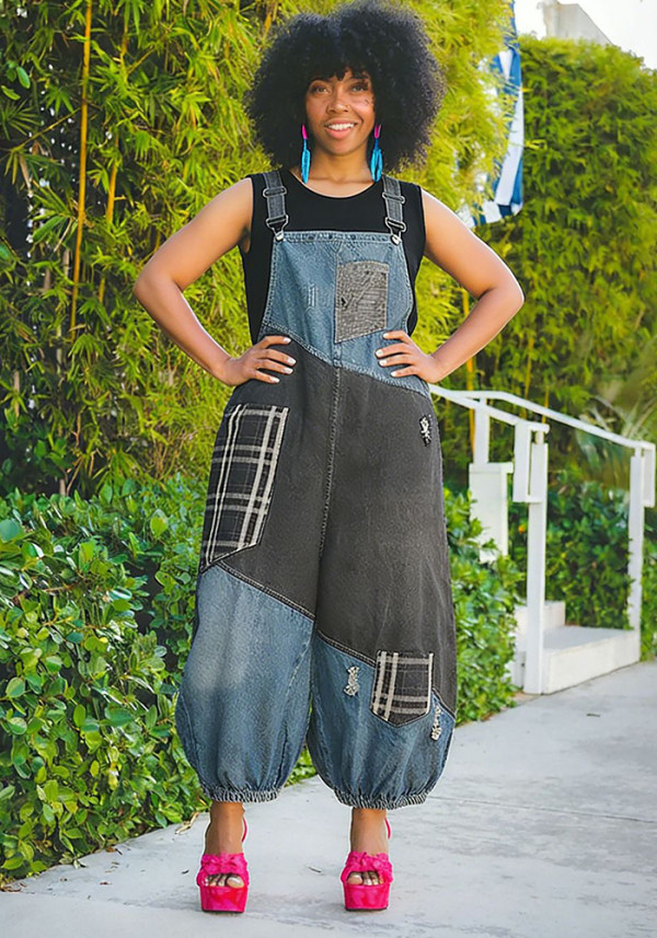 Color-Block Ripped Plaid Patchwork Pocket Cropped Overalls Jumpsuit