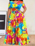 Plus Size Printed Round Neck Short Sleeve Slim-Waist Loose Maxi Dress