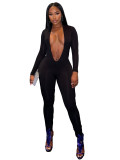 Women’s Sexy Deep V-Neck Long Sleeve Solid Tight-Fitting Jumpsuit