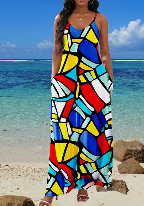 Plus Size Fashion Multicolor Loose Holiday Strap Dress