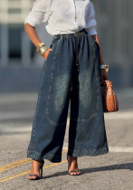 Elastic Waist Denim Pants with Panel Stitching and Slant Pockets