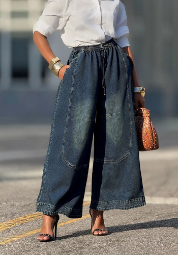 Elastic Waist Denim Pants with Panel Stitching and Slant Pockets