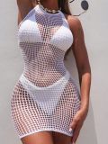 Sexy Lingerie See-Through Fishnet Halter Neck Low-Back Bodycon Dress