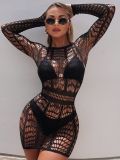 Sexy Lingerie Long Sleeve Fishnet Hollow-Out Bodycon Mini Dress