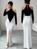 Women’s Chic Sexy Halter Neck Color-Block Ruched Long Dress