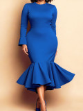 Spring/Autumn Plus Size Women’s Chic Elegant Round Neck Long Sleeve Bell-Bottom Mermaid Dress