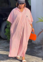 Plus Size Women’s Trendy African Style Loose Striped Turndown-Collar Maxi Dress