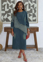 Color-Block Patchwork Loose Mid-Length Denim Dress