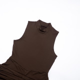 Spring Women’s Solid Color Casual Elegant Round Neck Sleeveless Ruched Maxi Dress