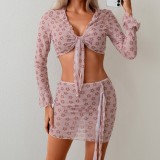 Women’s Long Sleeve Sun-Protection Mesh Skirt Set with Bikini Set