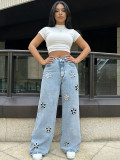 Women’s Pearl-Embellished Hollow-Out Wide-Leg Straight Denim Pants