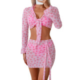 Women’s Long Sleeve Sun-Protection Mesh Skirt Set with Bikini Set